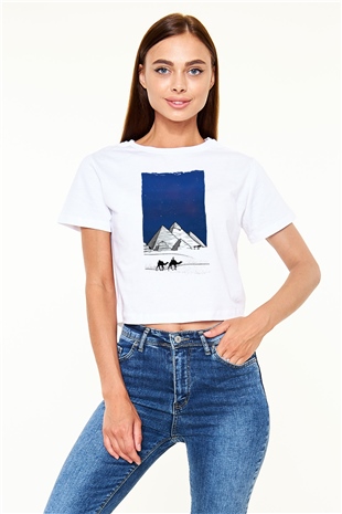 Mısır Piramitleri Beyaz  Crop Top Tişört