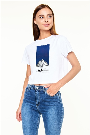 Mısır Piramitleri Beyaz  Crop Top Tişört