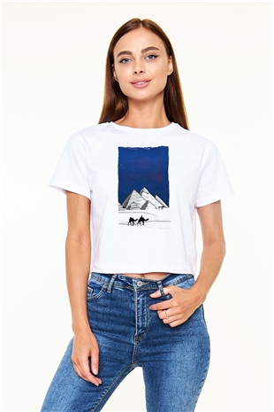 Mısır Piramitleri Beyaz  Crop Top Tişört