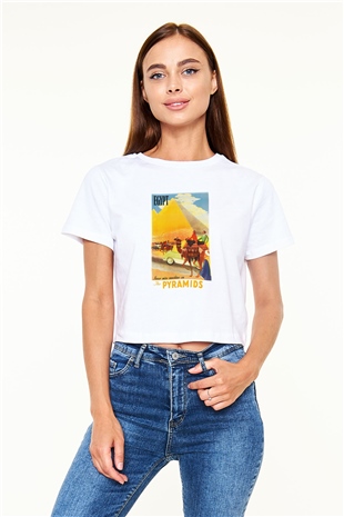 Mısır Piramitleri Beyaz Croptop Tişört