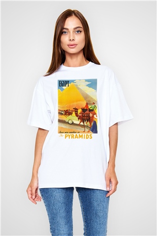 Mısır Piramitleri Beyaz Unisex Oversize Tişört T-Shirt