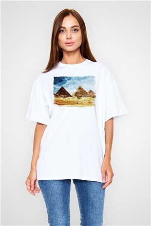 Mısır Piramitleri Beyaz Oversize Tişört Oversize T-shirt - TişörtFabrikası