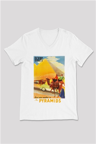 Mısır Piramitleri Beyaz Unisex V Yaka Tişört T-Shirt