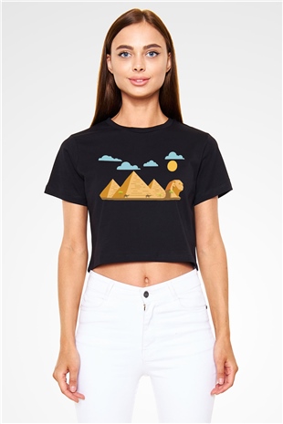 Mısır Piramitleri Siyah Crop Top Tişört