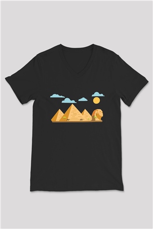 Mısır Piramitleri Siyah Unisex V Yaka Tişört T-Shirt