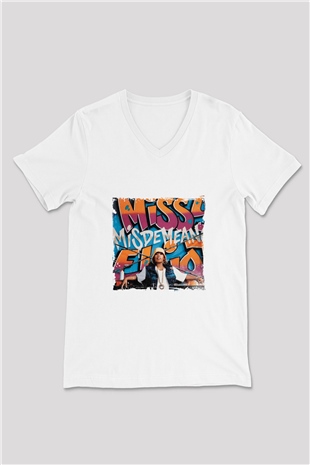 Missy Elliott Baskılı Beyaz V Yaka Unisex Tişört