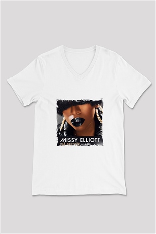 Missy Elliott Baskılı Beyaz V Yaka Unisex Tişört