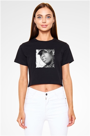 Missy Elliott Baskılı Crop Top Siyah Kadın Tişört