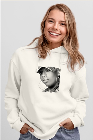 Missy Elliott Baskılı Unisex Beyaz Kapüşonlu Sweatshirt