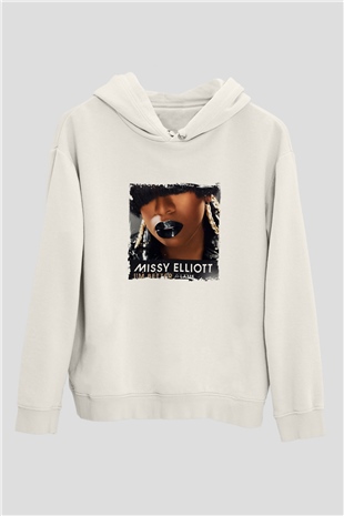 Missy Elliott Baskılı Unisex Beyaz Kapüşonlu Sweatshirt