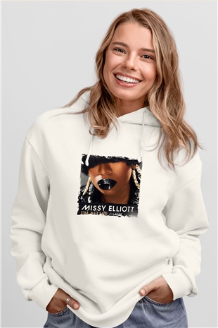 Missy Elliott Baskılı Unisex Beyaz Kapüşonlu Sweatshirt
