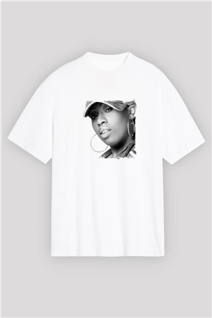 Missy Elliott Baskılı Oversize Beyaz Tişört