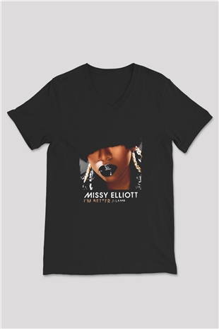 Missy Elliott Baskılı Unisex Siyah V Yaka Tişört