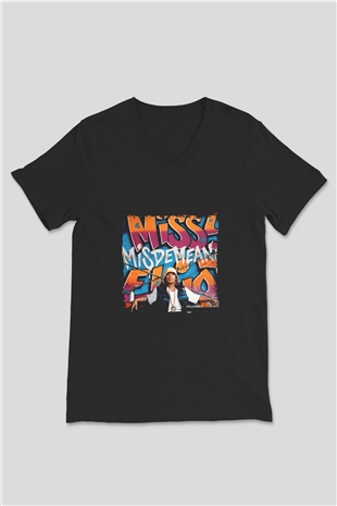 Missy Elliott Baskılı Unisex Siyah V Yaka Tişört