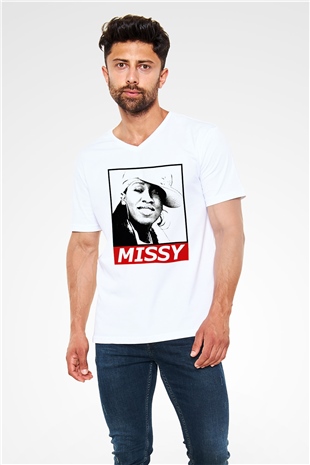 Missy Elliott Beyaz Unisex V Yaka Tişört