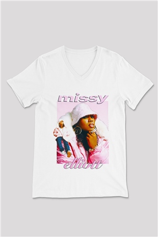 Missy Elliott Beyaz Unisex V Yaka Tişört