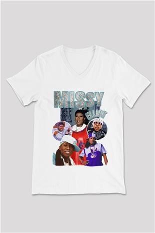 Missy Elliott Beyaz Unisex V Yaka Tişört