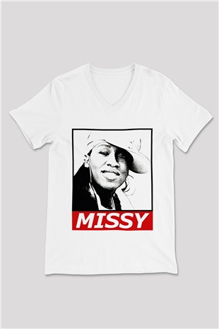 Missy Elliott Beyaz Unisex V Yaka Tişört