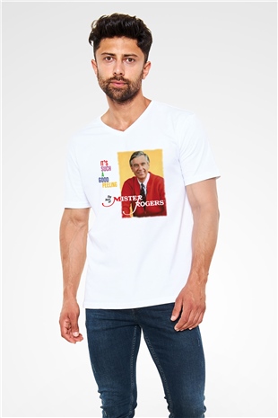 Mister Rogers Neighborhood Beyaz Unisex V Yaka Tişört