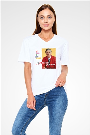 Mister Rogers Neighborhood Beyaz Unisex V Yaka Tişört