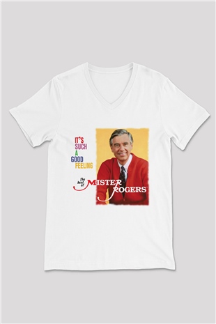 Mister Rogers Neighborhood Beyaz Unisex V Yaka Tişört