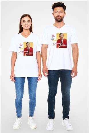 Mister Rogers Neighborhood Beyaz Unisex V Yaka Tişört