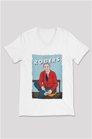 Mister Rogers Neighborhood Beyaz Unisex V Yaka Tişört