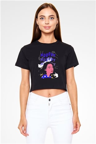 Mitski Baskılı Baskılı Siyah Crop Top Kadın Tişört - Tshirt