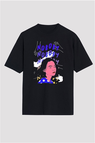 Mitski Baskılı Baskılı Unisex Siyah Oversize Tişört - Tshirt