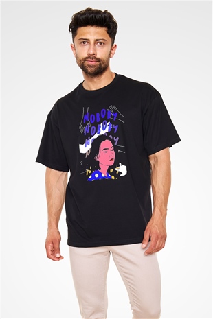 Mitski Baskılı Baskılı Unisex Siyah Oversize Tişört - Tshirt