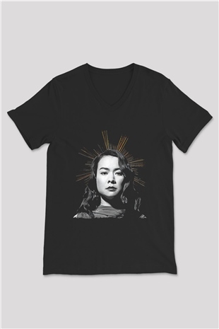 Mitski Baskılı Baskılı Unisex Siyah V Yaka Tişört - Tshirt