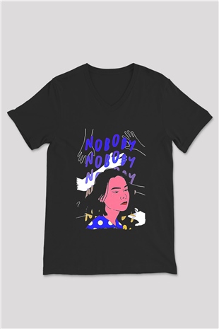 Mitski Baskılı Baskılı Unisex Siyah V Yaka Tişört - Tshirt