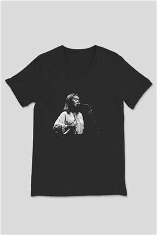 Mitski Baskılı Baskılı Unisex Siyah V Yaka Tişört - Tshirt
