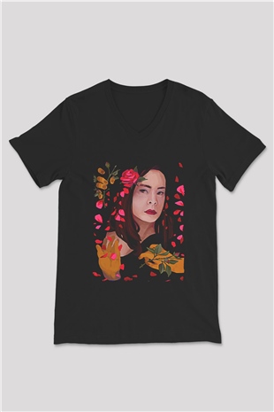 Mitski Baskılı Baskılı Unisex Siyah V Yaka Tişört - Tshirt