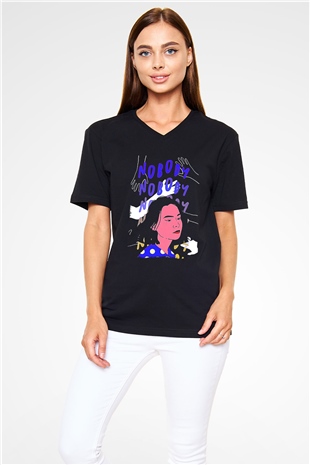 Mitski Baskılı Baskılı Unisex Siyah V Yaka Tişört - Tshirt