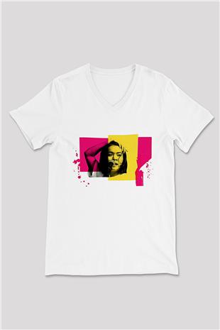 Mitski Baskılı Beyaz Unisex V Yaka Tişört - Tshirt