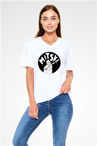 Mitski Baskılı Beyaz Unisex V Yaka Tişört - Tshirt