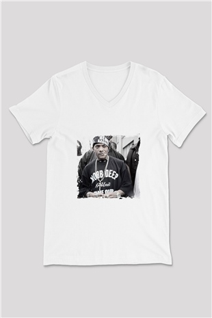 Mobb Deep Baskılı Beyaz V Yaka Unisex Tişört