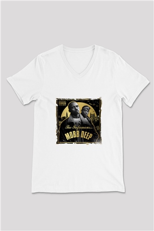 Mobb Deep Baskılı Beyaz V Yaka Unisex Tişört