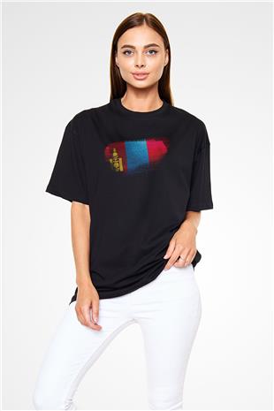 Moğolistan - Mongolia Bayrağı Baskılı Unisex Siyah Oversize Tişört