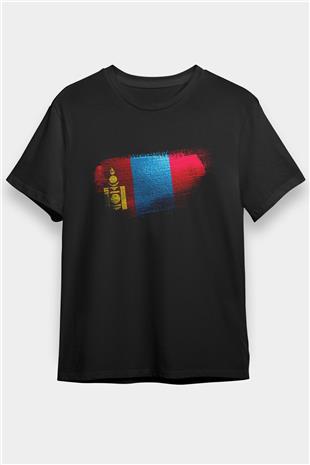 Moğolistan - Mongolia Bayrağı Baskılı Unisex Siyah Tişört