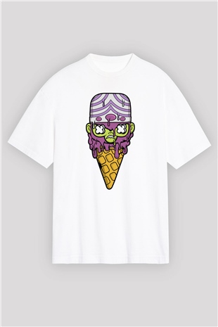 Mojo Jo Ice Cream Baskılı Beyaz Unisex Oversize Tişört