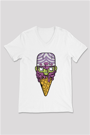 Mojo Jo Ice Cream Baskılı Beyaz Unisex V Yaka Tişört