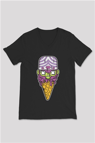 Mojo Jo Ice Cream Baskılı Siyah Unisex V Yaka Tişört