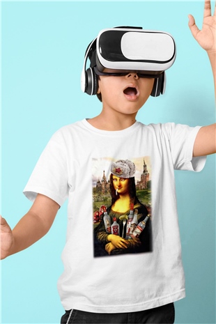 Mona Lisa Baskılı Beyaz Unisex Çocuk Tişört