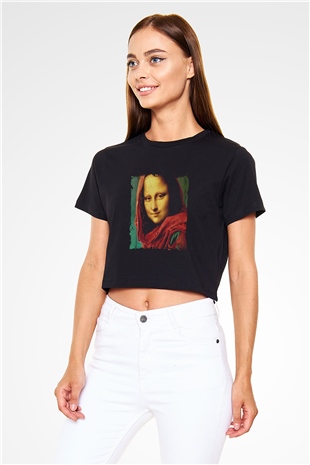 Mona Lisa Baskılı Siyah Kadın Crop Top Tişört