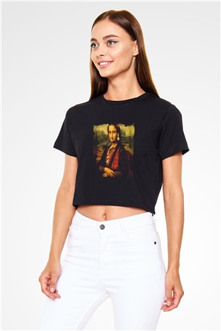 Mona Lisa Baskılı Siyah Kadın Crop Top Tişört