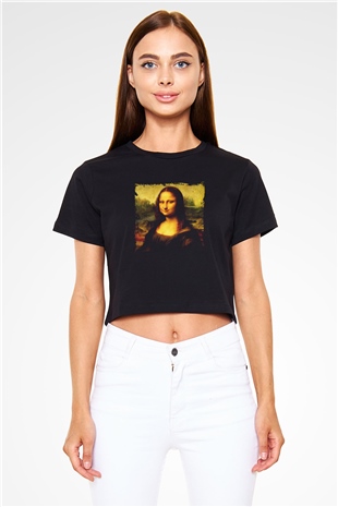 Mona Lisa Baskılı Siyah Kadın Crop Top Tişört