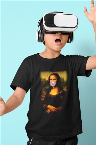 Mona Lisa Baskılı Siyah Unisex Çocuk Tişört