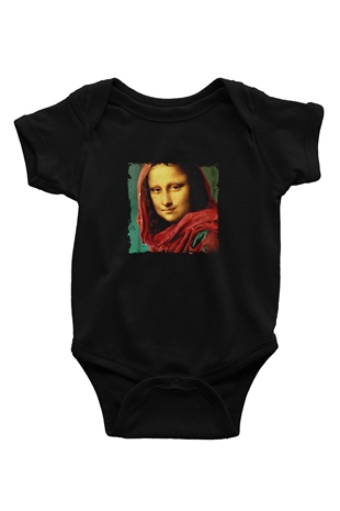Mona Lisa Baskılı Unisex Siyah Bebek Body - Zıbın